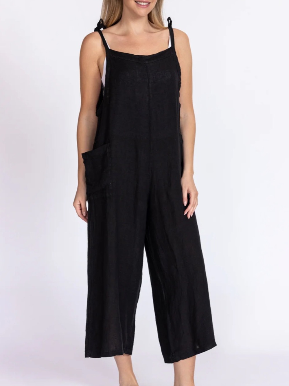 Meo Meli Italia 876 Linen Black Tie-Strap Romper Jumpsuit Cropped Wide Leg OS